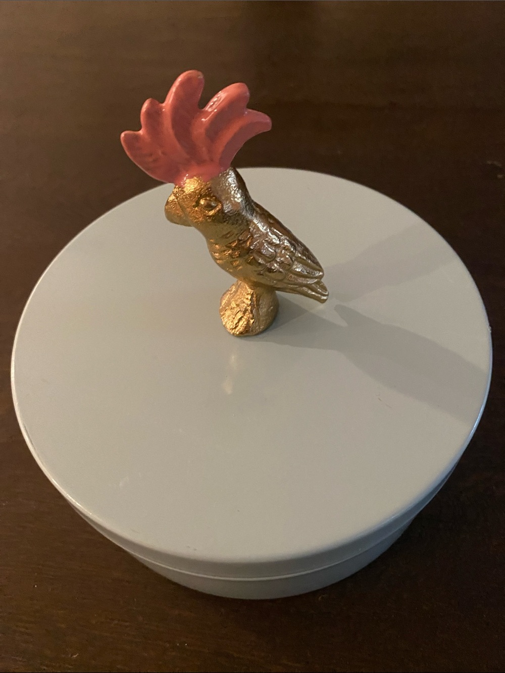 Opal House Gold Cockatoo on a green Trinket Box.